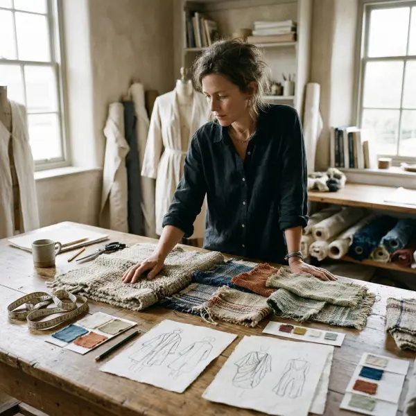 Fashion designer examining traditional woven textiles, color swatches, and modern apparel sketches in a design studio