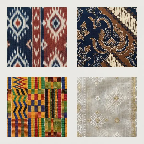 Close-up comparison of ikat, batik, Kente strip weaving, and Jamdani textile construction