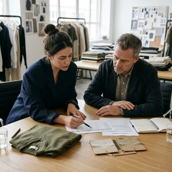 Apparel supplier and retail buyer reviewing garment samples, pricing documents, and wholesale contract terms