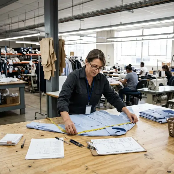 Garment production supervisor checking clothing measurements and stitching before fulfilling a wholesale apparel order Garment production supervisor checking clothing measurements and stitching before fulfilling a wholesale apparel order