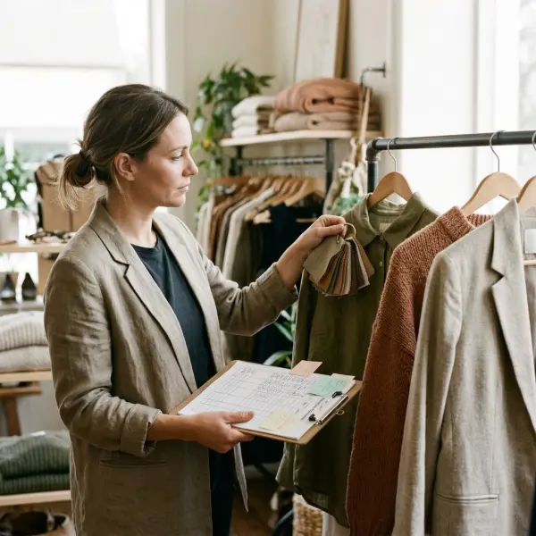 Independent boutique owner selecting garment styles, colors, and sizes for an opening wholesale apparel order Independent boutique owner selecting garment styles, colors, and sizes for an opening wholesale apparel order