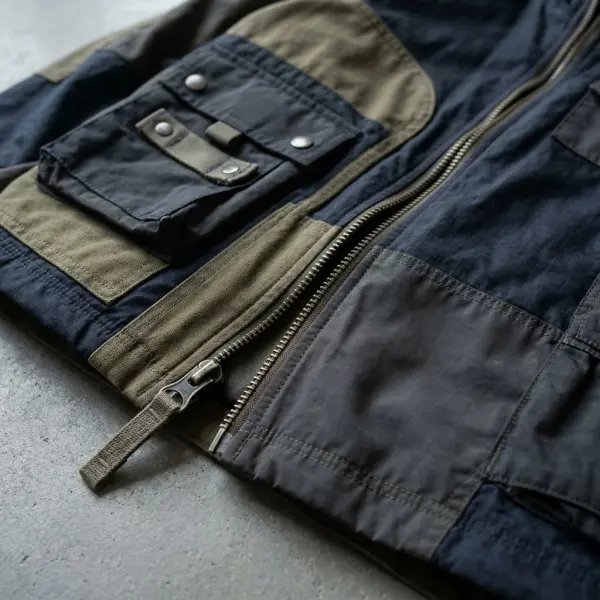 Detail material dan konstruksi jaket streetwear hasil kolaborasi dengan fokus pada tekstur kain, jahitan, dan elemen desain