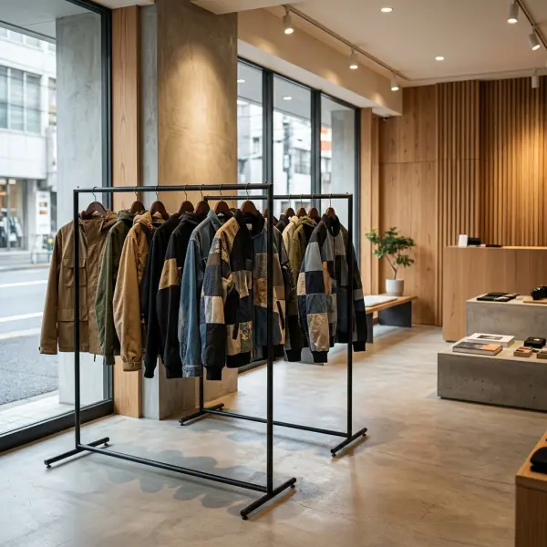 Interior toko streetwear modern yang menampilkan koleksi jaket dan pakaian dalam penataan retail global