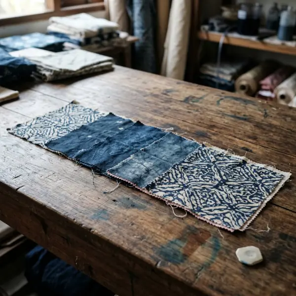 Sampel kain batik dengan tingkat kerataan warna berbeda yang diperiksa di meja pengendalian mutu