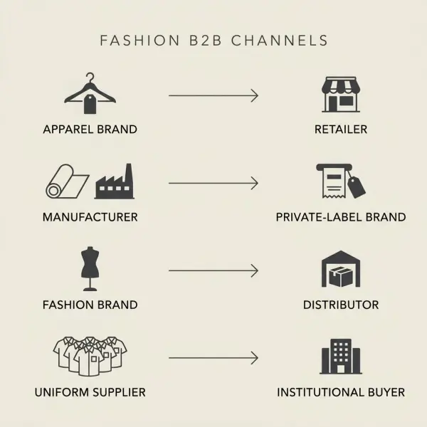 Simple workflow diagram comparing wholesale apparel, private-label manufacturing, distribution, and institutional fashion supply Simple workflow diagram comparing wholesale apparel, private-label manufacturing, distribution, and institutional fashion supply