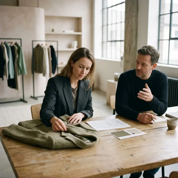 Fashion wholesale buyer reviewing clothing samples and commercial documents before making a purchasing decision