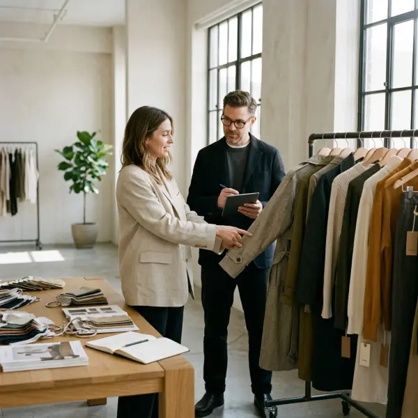 Fashion brand representative presenting clothing samples to a retail buyer during a wholesale sales meeting Fashion brand representative presenting clothing samples to a retail buyer during a wholesale sales meeting