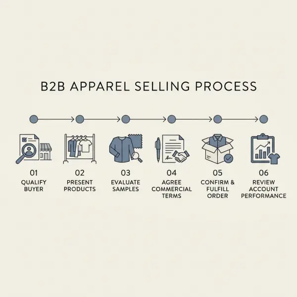 Fashion B2B sales workflow from buyer qualification and product presentation to quotation, confirmed order, delivery, and account review Fashion B2B sales workflow from buyer qualification and product presentation to quotation, confirmed order, delivery, and account review