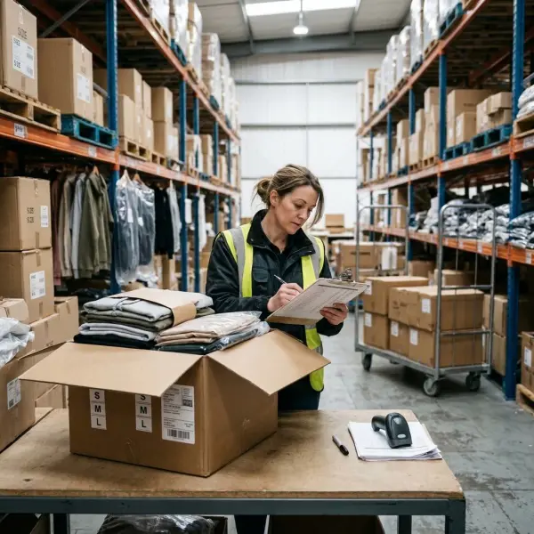 Apparel warehouse staff preparing labeled cartons of clothing for wholesale distribution to retail customers Apparel warehouse staff preparing labeled cartons of clothing for wholesale distribution to retail customers