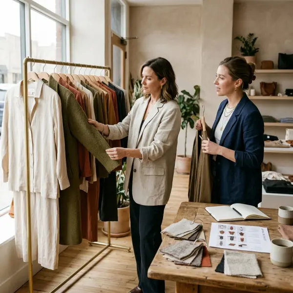 Fashion brand representative showing a curated clothing collection to an independent boutique owner during a wholesale buying appointment Fashion brand representative showing a curated clothing collection to an independent boutique owner during a wholesale buying appointment