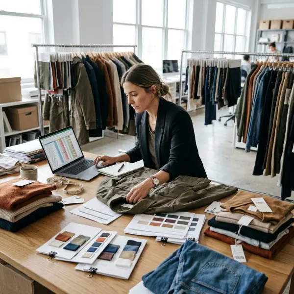 Fashion retail category buyer reviewing apparel samples and structured product data for a multi-store retail assortment Fashion retail category buyer reviewing apparel samples and structured product data for a multi-store retail assortment