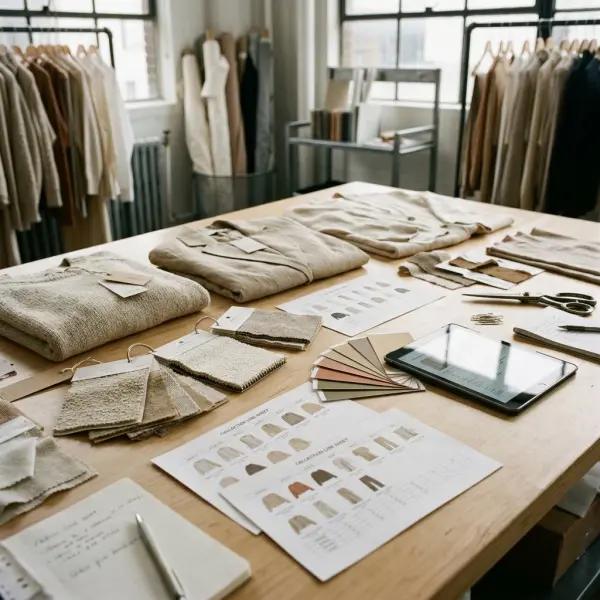 Apparel wholesale line sheet, garment samples, and fabric swatches arranged for a fashion retail buyer Apparel wholesale line sheet, garment samples, and fabric swatches arranged for a fashion retail buyer