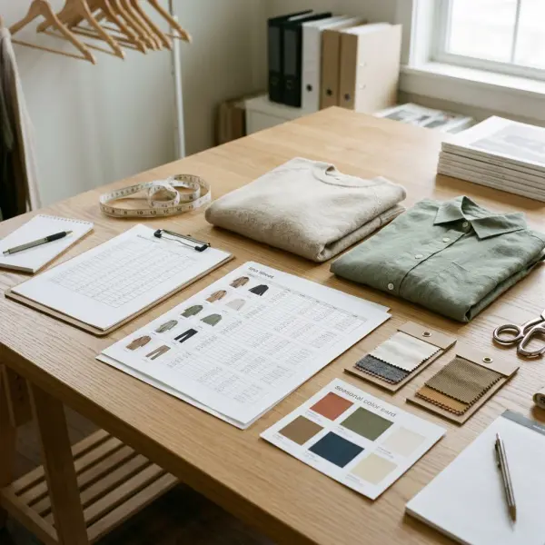 Fashion wholesale line sheet, garment samples, color swatches, and size specifications arranged for buyer evaluation