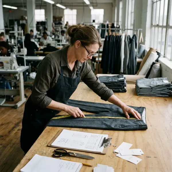 Apparel factory quality control specialist inspecting garment measurements against approved specifications before wholesale shipment