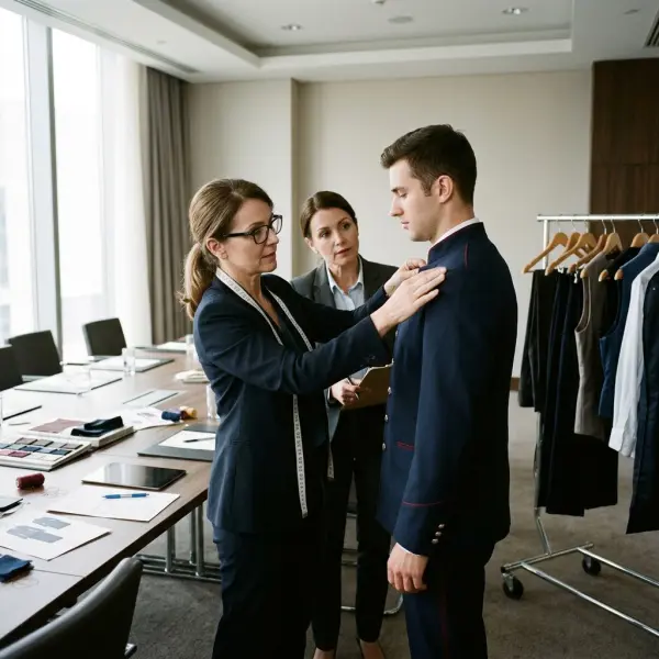 Corporate uniform supplier checking fit and fabric details with hotel staff during an institutional apparel sample evaluation Corporate uniform supplier checking fit and fabric details with hotel staff during an institutional apparel sample evaluation