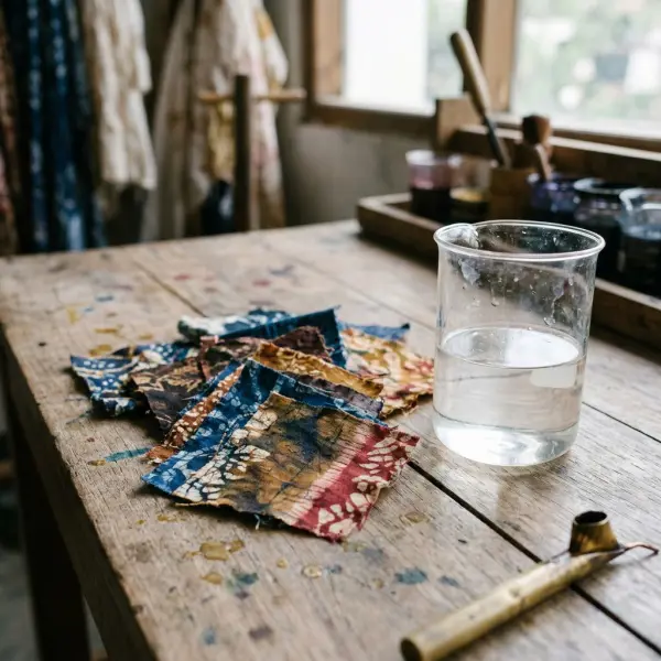 Sampel kain batik berwarna yang diperiksa berdampingan dengan larutan bahan pembantu pewarnaan di meja kerja tekstil