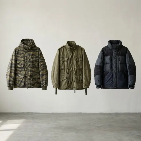 Variasi jaket streetwear dengan motif kamuflase, jaket militer, dan jaket berbahan tebal yang ditata sebagai editorial produk