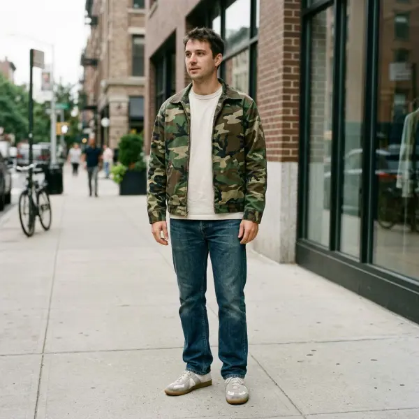 Inspirasi outfit streetwear dengan jaket bermotif kamuflase, kaus polos, denim, dan sneakers