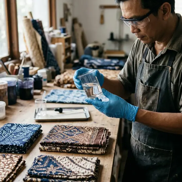 Pemeriksaan sampel larutan natrium silikat dan kain batik untuk mendukung pengendalian mutu proses pewarnaan