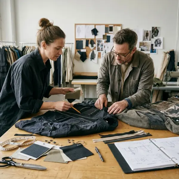Tim desain fashion mengembangkan koleksi jaket streetwear dengan mempertimbangkan identitas merek dan kebutuhan pasar