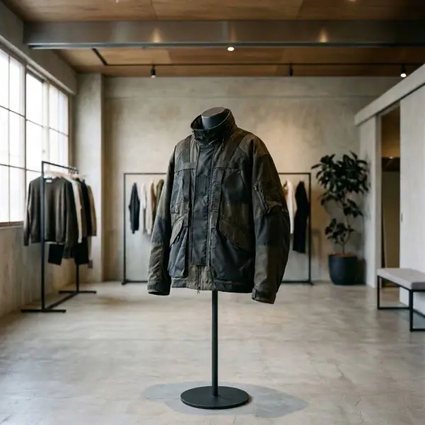 Jaket streetwear yang ditampilkan dalam showroom untuk menggambarkan peluncuran koleksi fashion