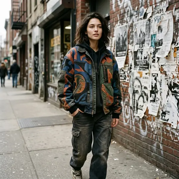 Penampilan streetwear yang menghubungkan jaket grafis dengan budaya musik urban
