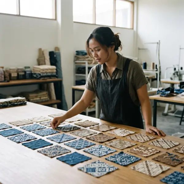 Sampel kain batik diperiksa untuk membandingkan keseragaman warna sebelum produksi skala penuh