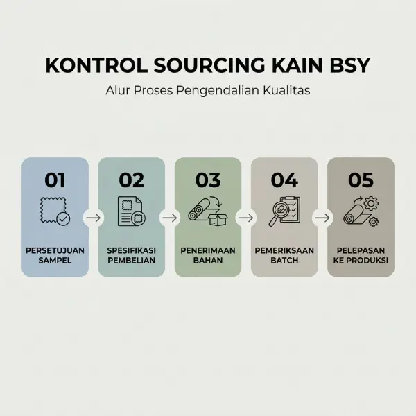 Alur pengendalian sourcing kain BSY dari persetujuan sampel hingga pelepasan material ke produksi Alur pengendalian sourcing kain BSY dari persetujuan sampel hingga pelepasan material ke produksi