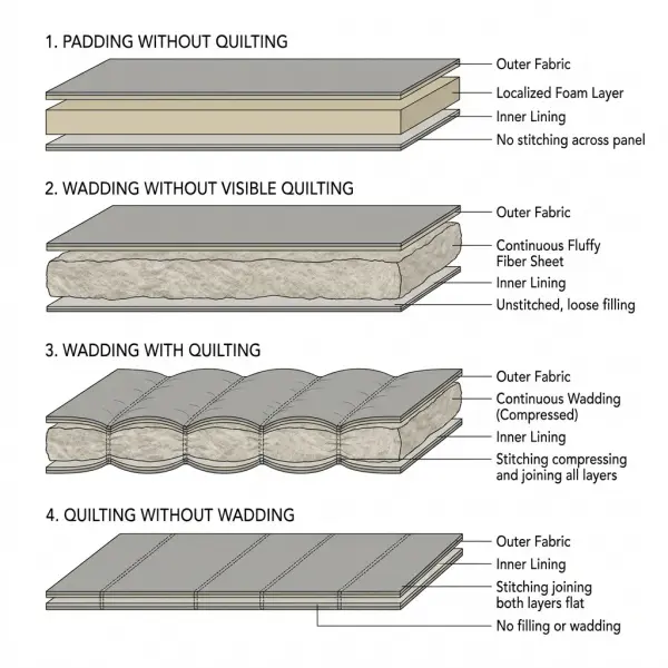 Four fabric cross-sections comparing padding without quilting, wadding without visible quilting, quilted wadding, and quilting without filling