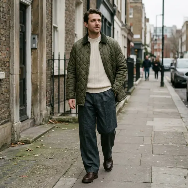 Contemporary olive quilted jacket styled with neutral knitwear and wide-leg trousers in an everyday urban environment