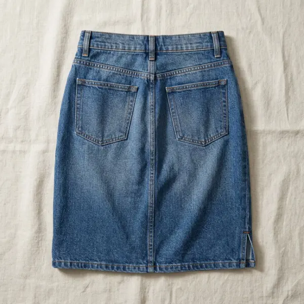 Detail saku, jahitan tindas, belahan, dan hem pada rok denim biru