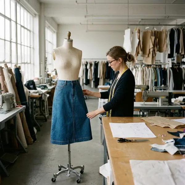 Evaluasi sampel rok denim untuk memeriksa proporsi, konstruksi, dan kesiapan produksi Evaluasi sampel rok denim untuk memeriksa proporsi, konstruksi, dan kesiapan produksi