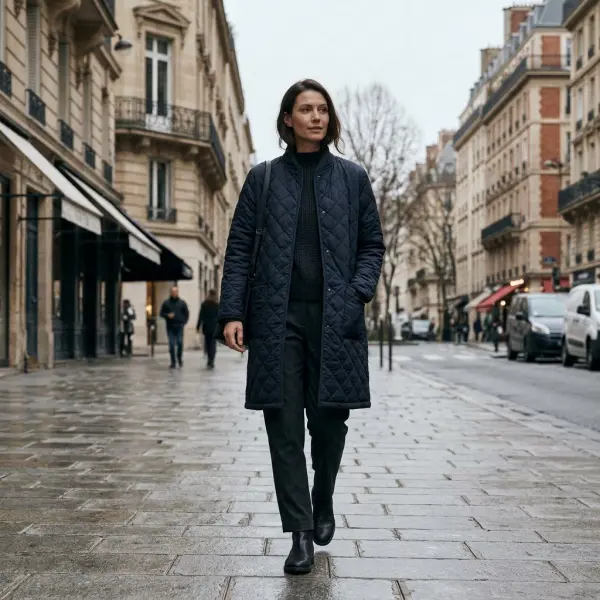 Long diamond-quilted coat with a relaxed silhouette styled over everyday clothing in a contemporary city setting