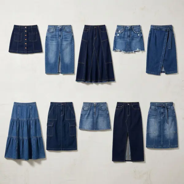 Susunan koleksi rok denim dengan variasi siluet, panjang, dan warna untuk perencanaan produk fashion Susunan koleksi rok denim dengan variasi siluet, panjang, dan warna untuk perencanaan produk fashion
