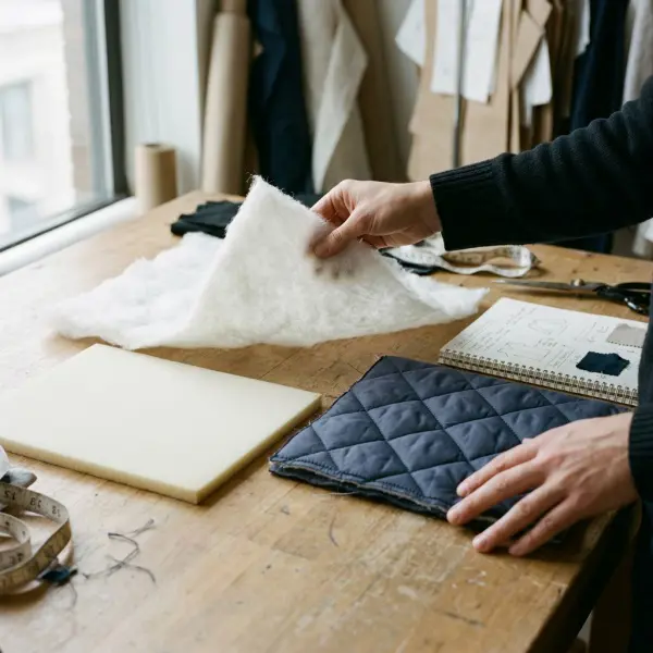 Fashion product developer comparing polyester wadding, foam padding, and quilted textile samples during apparel sourcing