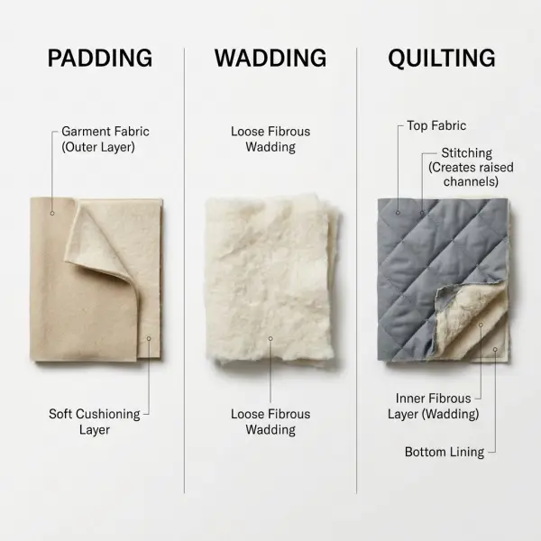 Technical comparison showing padding inside a garment, a sheet of fibrous wadding, and stitched quilted textile layers