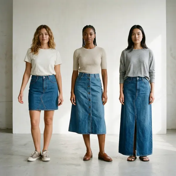 Tiga rok denim dengan panjang di atas lutut, midi, dan mendekati mata kaki