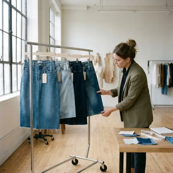 Tim desain fashion mengevaluasi sampel rok denim untuk pengembangan koleksi