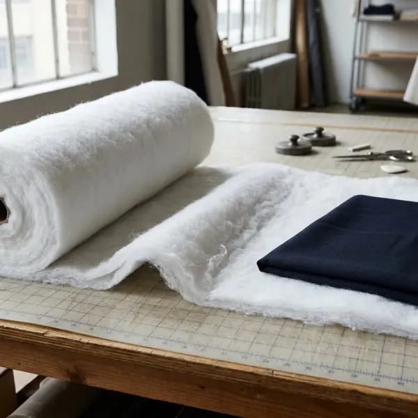 Close-up of polyester wadding sheet showing its fibrous loft and thickness beside a woven garment fabric