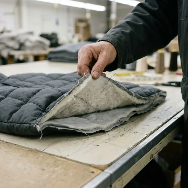 Close-up quality inspection of quilted garment panel showing stitch alignment, fabric layers, and padding consistency