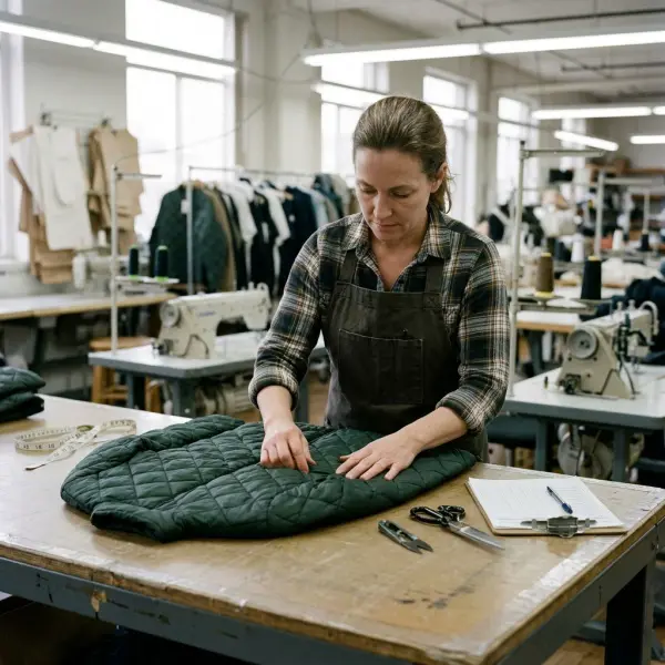 Apparel quality inspector checking quilted fabric stitch consistency and material alignment during garment production