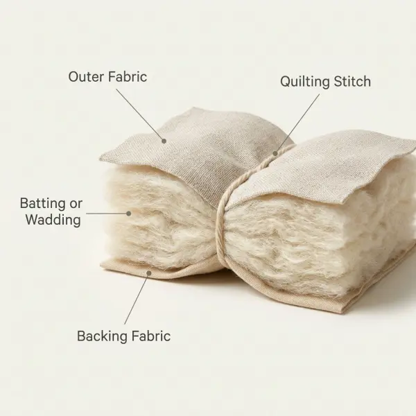 Cross-sectional diagram of quilted fabric showing outer fabric, insulating batting, and backing fabric secured by stitching