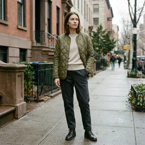 Model wearing a lightweight diamond-quilted jacket with casual trousers in a realistic urban environment