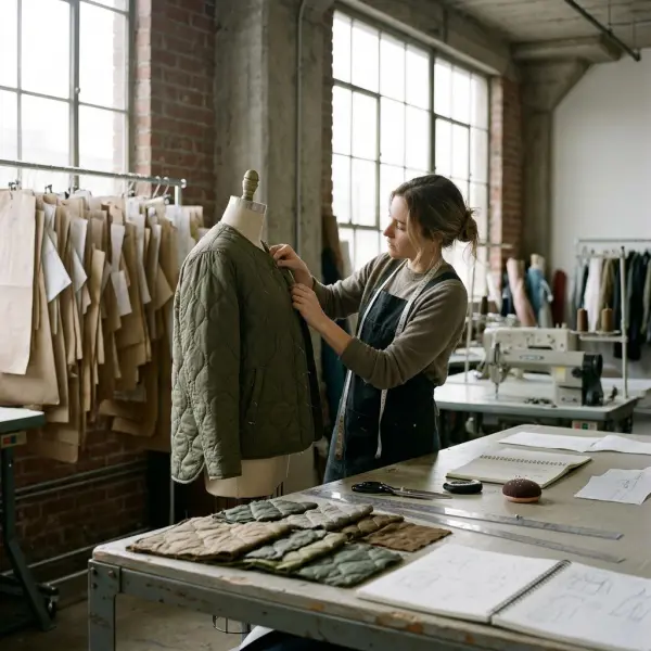 Fashion product developer evaluating quilted jacket samples, stitch patterns, and fabric materials in an apparel studio
