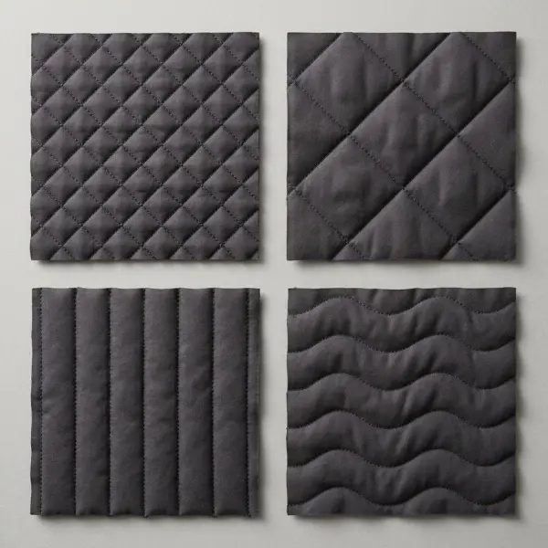 Fashion design swatches showing small diamond, large diamond, vertical channel, and wave quilting patterns