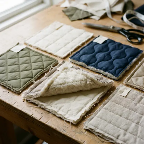 Fashion textile studio displaying quilted fabric swatches with different shell materials and batting thicknesses