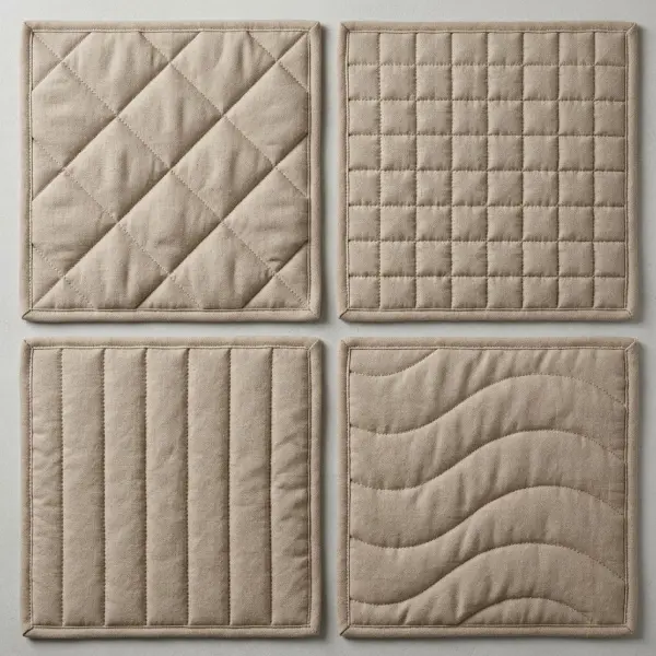 Close-up comparison of diamond, square, channel, and curved quilting patterns on textile samples