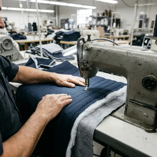 Industrial sewing operator joining outer fabric, polyester wadding, and backing through quilting stitches