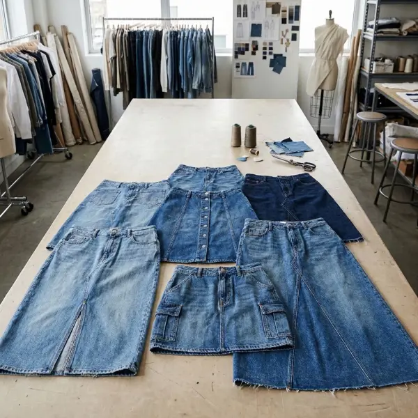 Beberapa sampel rok denim dengan variasi bentuk dan detail untuk mengevaluasi arah pengembangan koleksi Beberapa sampel rok denim dengan variasi bentuk dan detail untuk mengevaluasi arah pengembangan koleksi