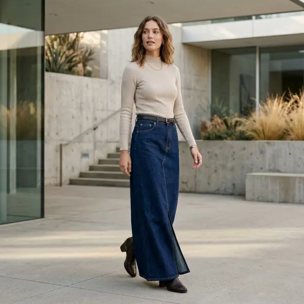 Rok denim maxi dengan siluet panjang dan padu padan kasual modern